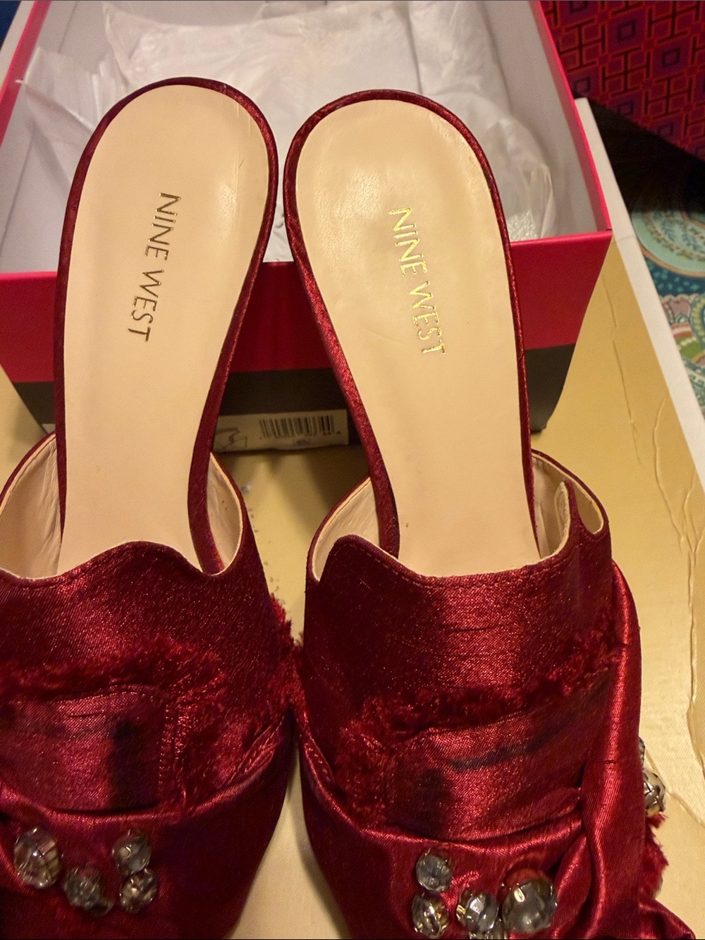 Nine West Burgundy Satin Pointed Toe Mule with Gem Accents - Picture 2 of 10